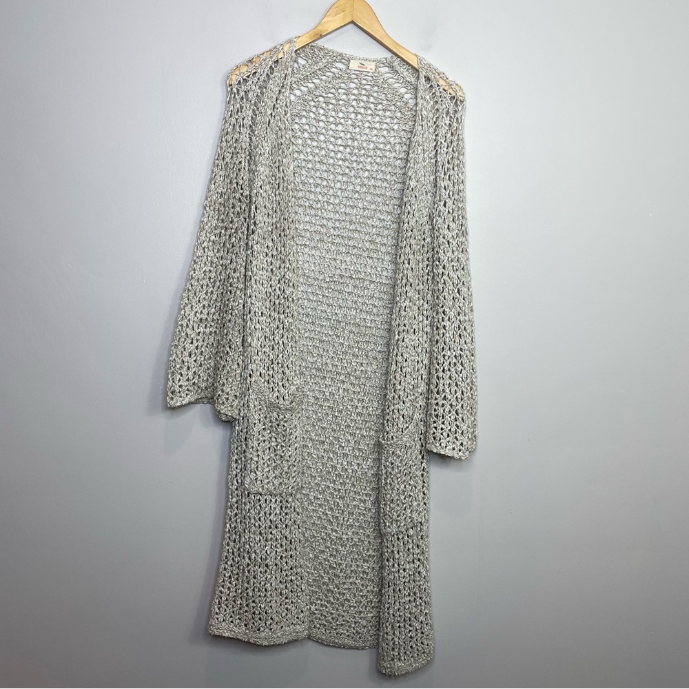 Hummingbird Open Knit Long Crochet Cardigan Marled Tan Open front S/M